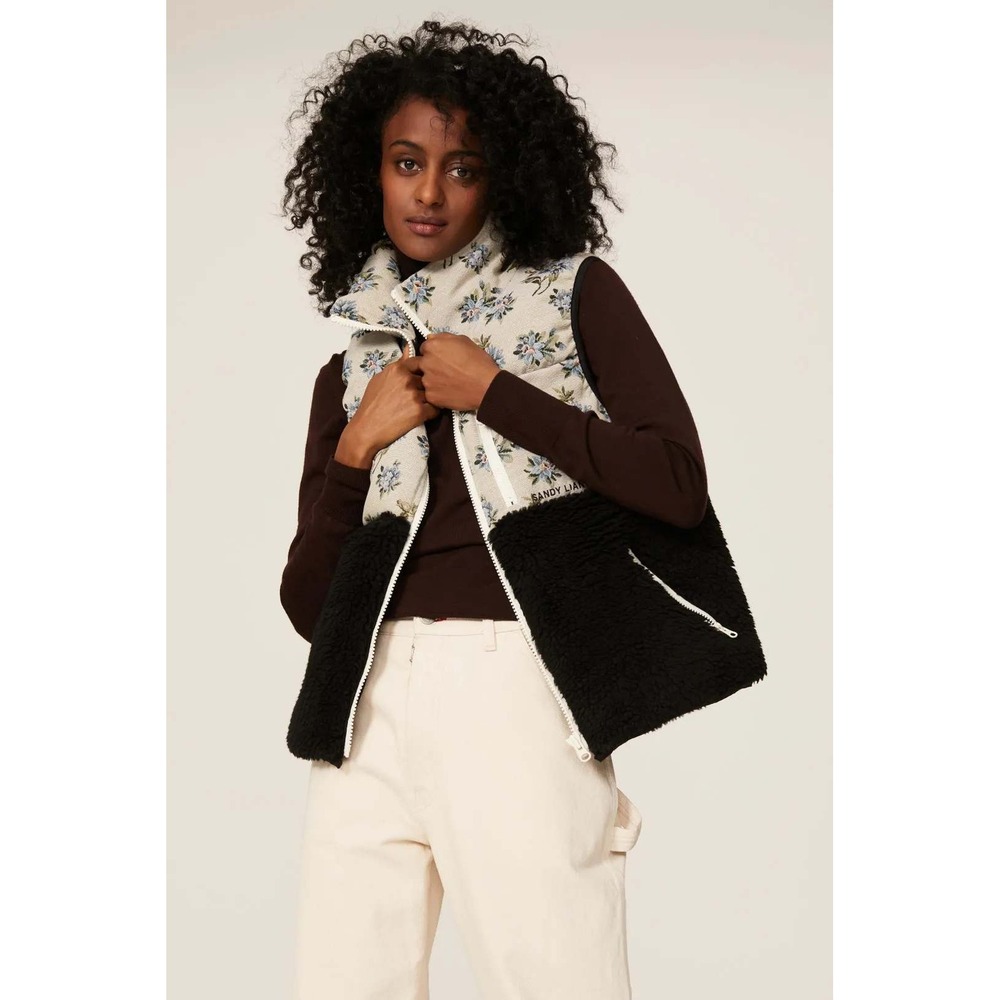 Sandy Liang Dove Faux Shearling Vest Floral Sherpa Fleece Black Beige Sz S‎